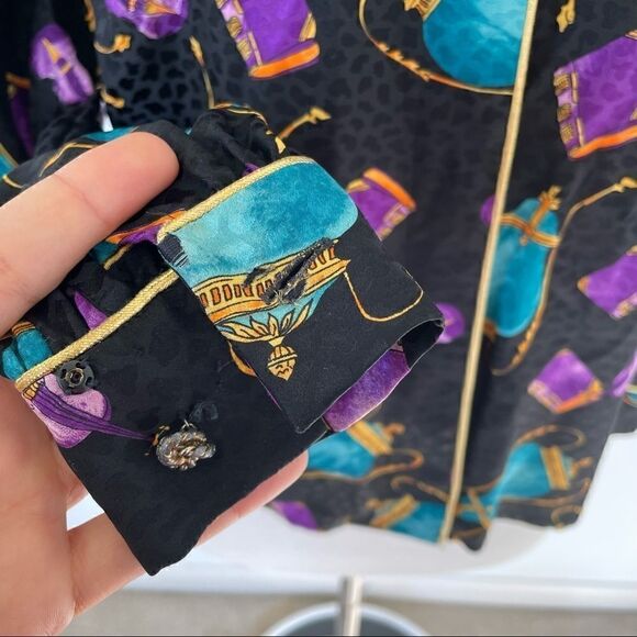 Vintage Ornate Printed Silk Cocktail Blouse Top Long Sleeve Novelty Women Size 2 - Picture 7 of 10